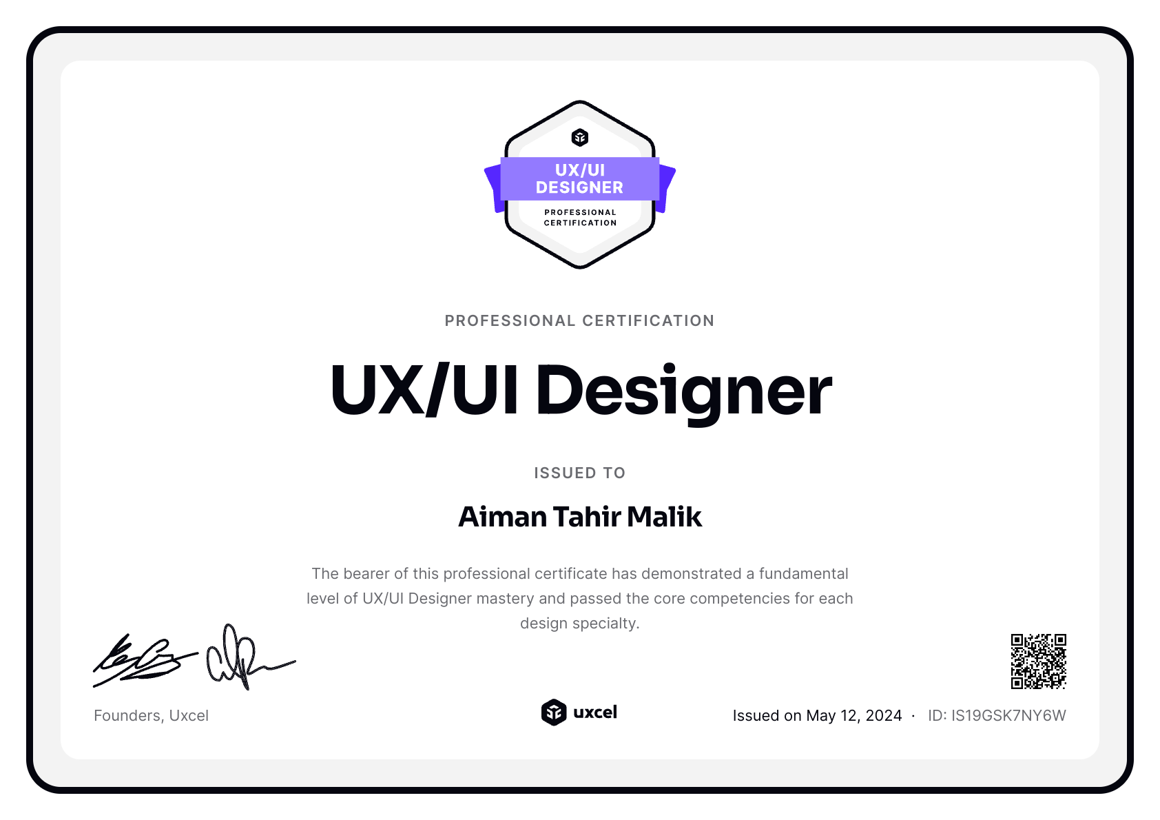 Aiman Tahir Malik's certificate